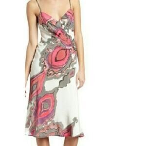 Trina Turk Silk V-Neck Abstract Sleeveless Slip Midi Dress Women's Size 2